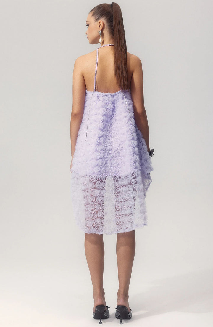 Michaelia Çiçek Aplikeli Boyundan Bağlamalı Mini File Elbise