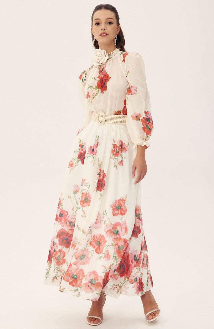 Anne Çiçek Baskılı Kuşaklı Maxi Etek Takım