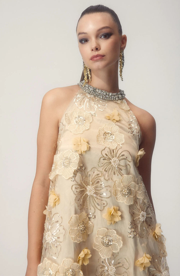 Ella Halter Çiçek İşlemeli Payet Mini Elbise