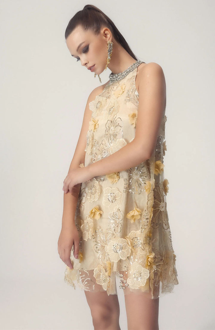 Ella Halter Çiçek İşlemeli Payet Mini Elbise