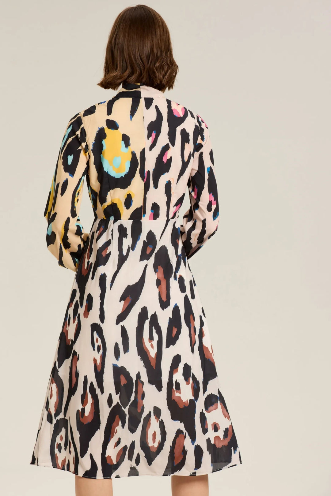 Monica Leopar Desenli Blok Renk Midi Elbise