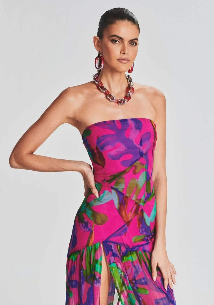 Pam Baskılı Straplez Yırtmaçlı Uzun Elbise
