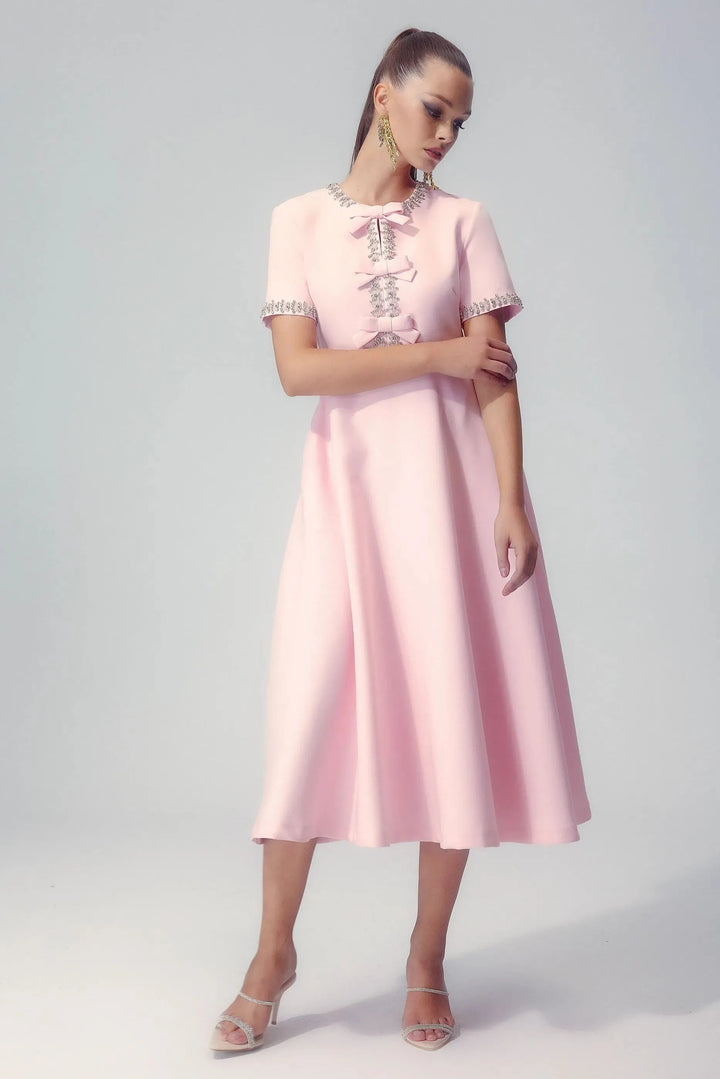 Zoe Fiyonklu Kristal Süslemeli Midi Elbise