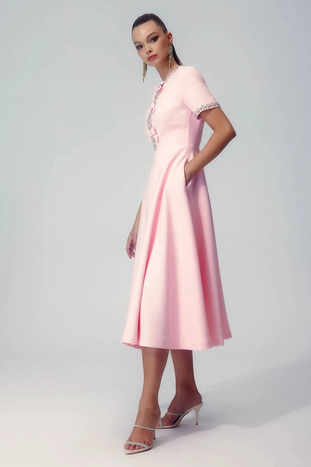 Zoe Fiyonklu Kristal Süslemeli Midi Elbise