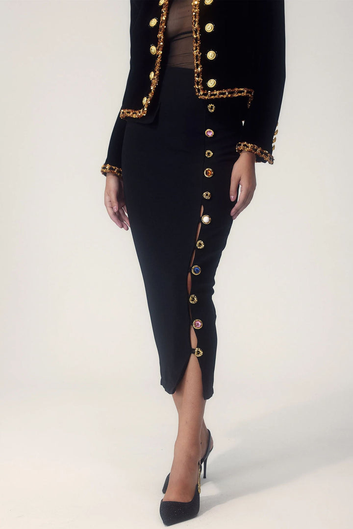 Ella Gem Düğmeli Kalem Midi Etek