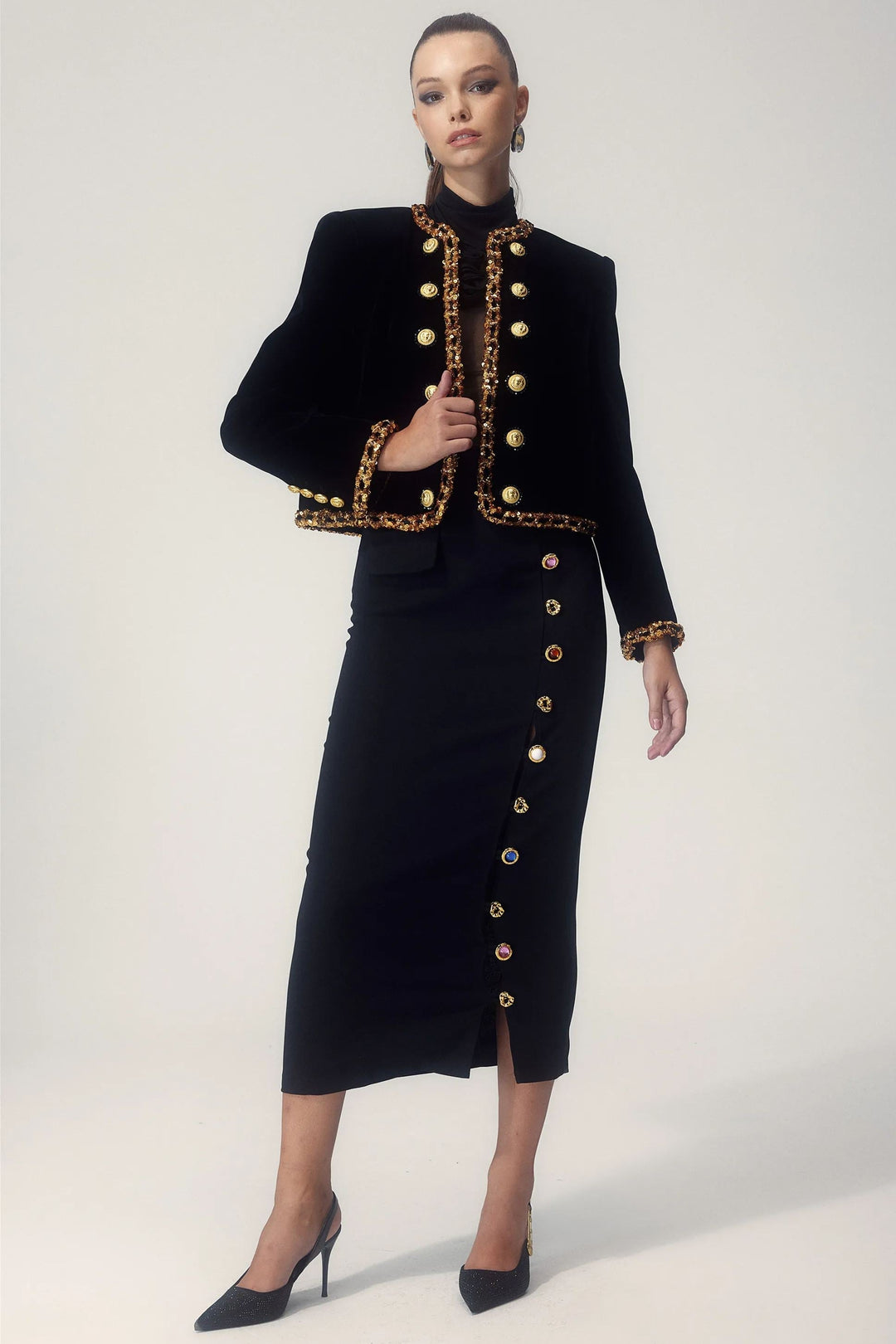 Ella Gem Düğmeli Kalem Midi Etek