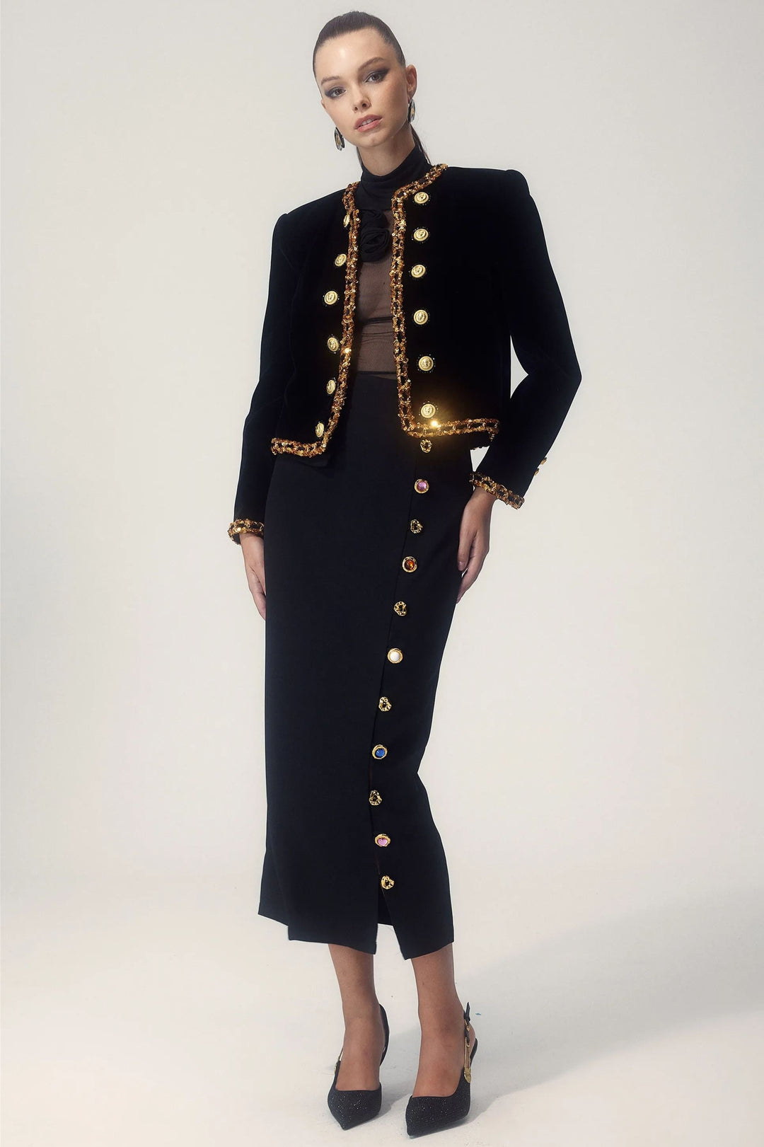 Ella Gem Düğmeli Kalem Midi Etek