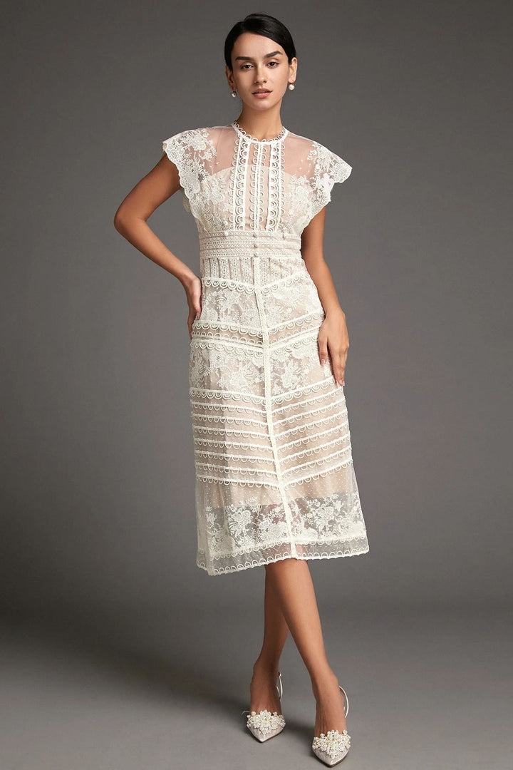 Lydia Çiçek İşlemeli File Midi Elbise