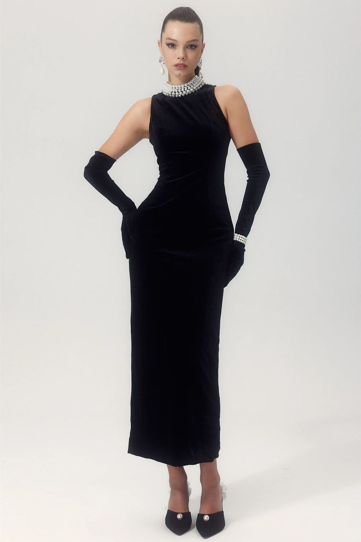 Alexia İnci İşlemeli Sırtı Açık Kadife Maxi Elbise