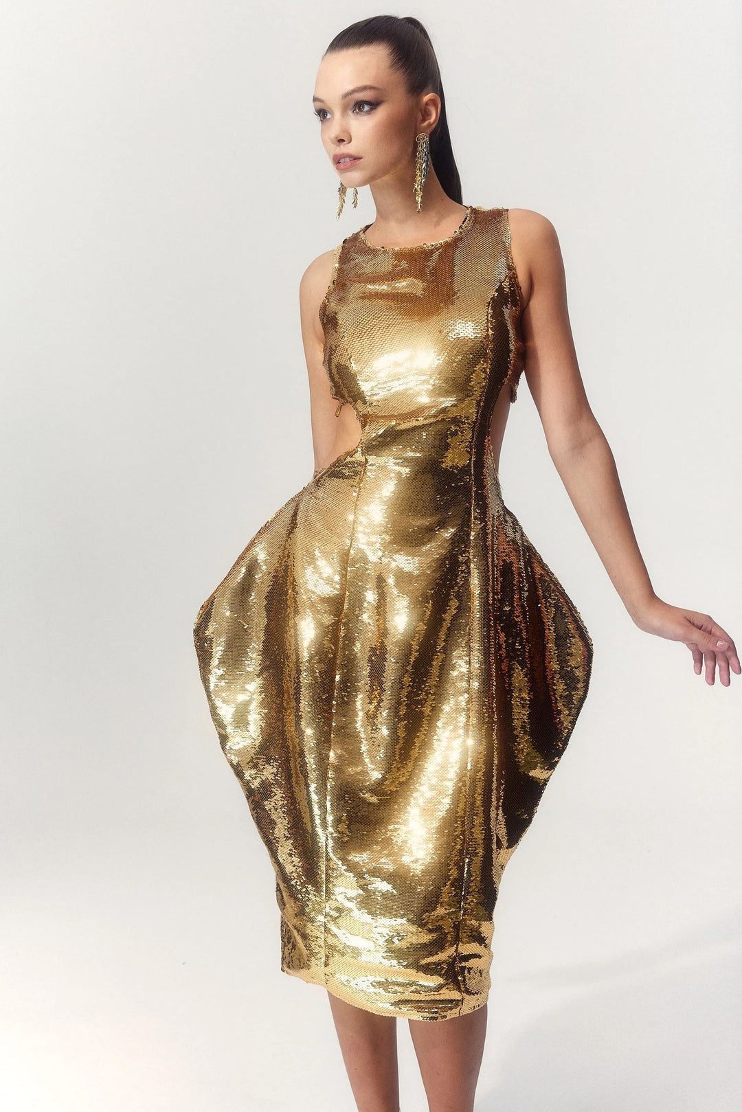 Maggie Heart Kesilmiş Payetler Midi Elbise