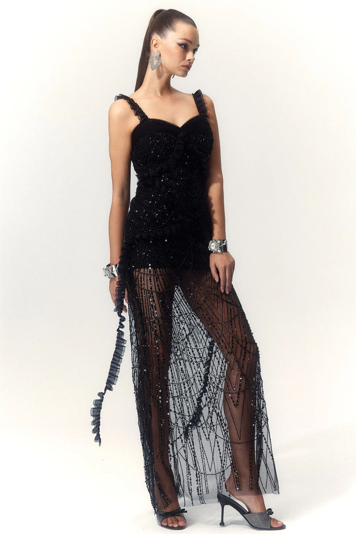 Harriet Sweet Heart Fırfırlı Örgü Maxi Elbise