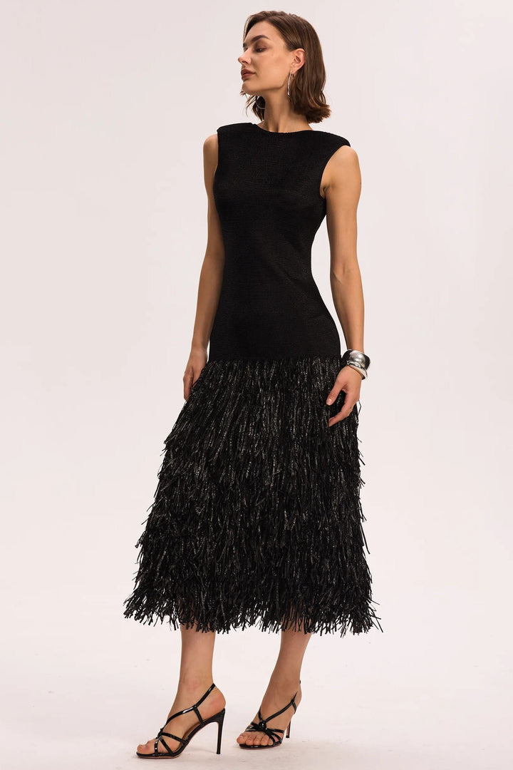 Mavis Sırtı Açık Püsküllü Triko Midi Elbise