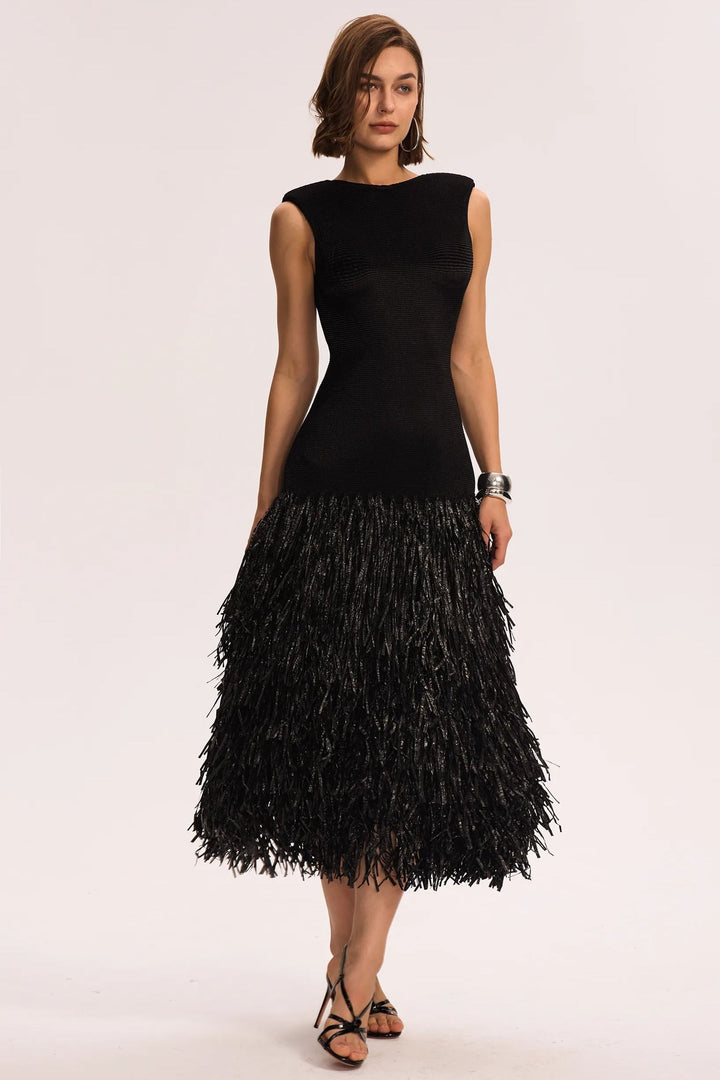 Mavis Sırtı Açık Püsküllü Triko Midi Elbise