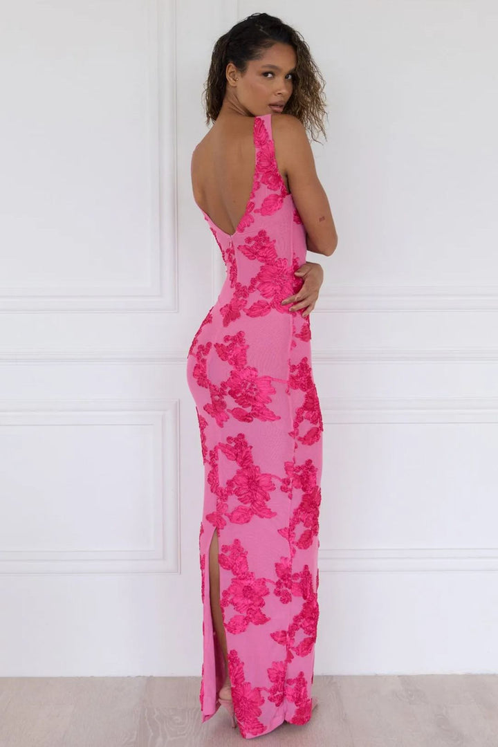 Barbara Çiçek Aplikeli File Uzun Elbise