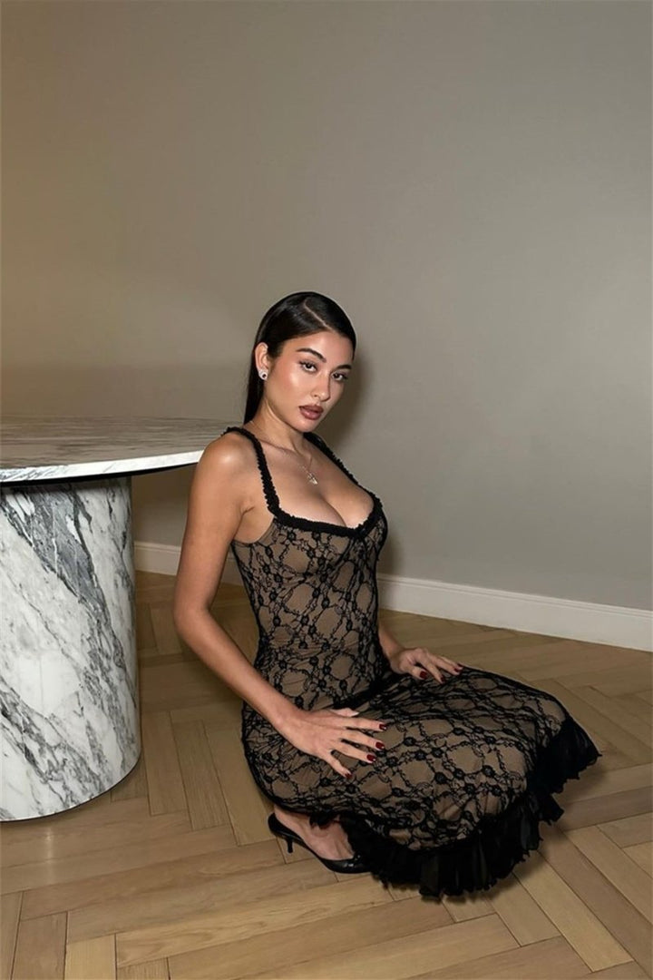 Ina Çiçekli Dantel Fırfırlı Maxi Elbise