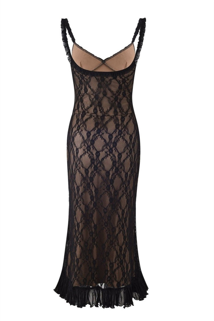 Ina Çiçekli Dantel Fırfırlı Maxi Elbise