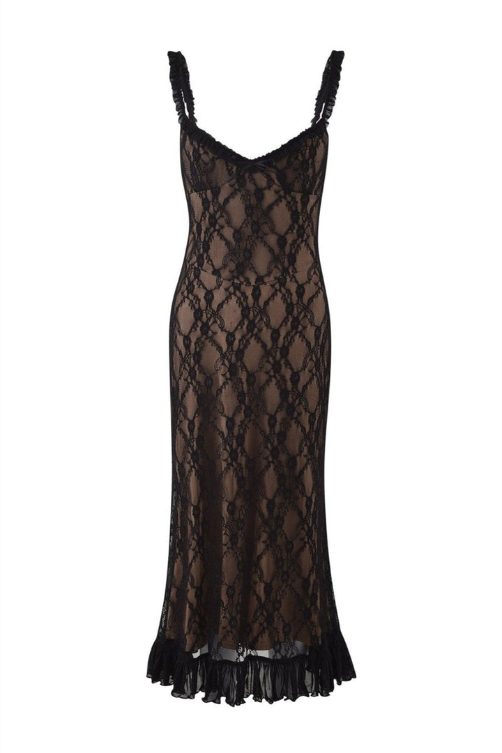 Ina Çiçekli Dantel Fırfırlı Maxi Elbise