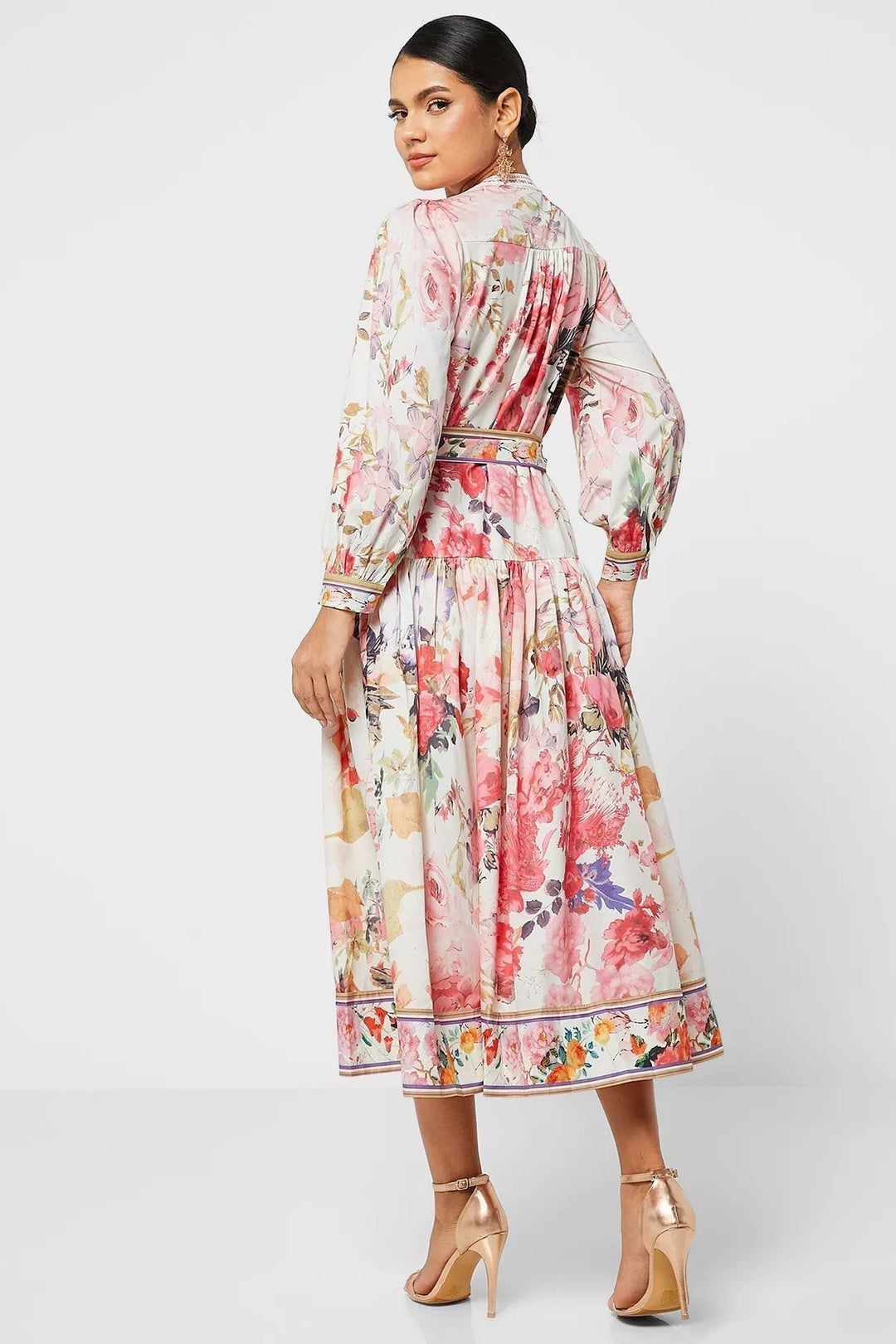 İris Baskılı Kuşaklı Midi Gömlek Elbise