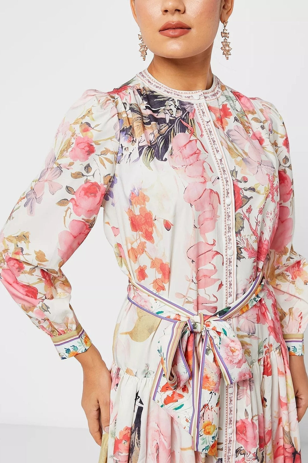 İris Baskılı Kuşaklı Midi Gömlek Elbise