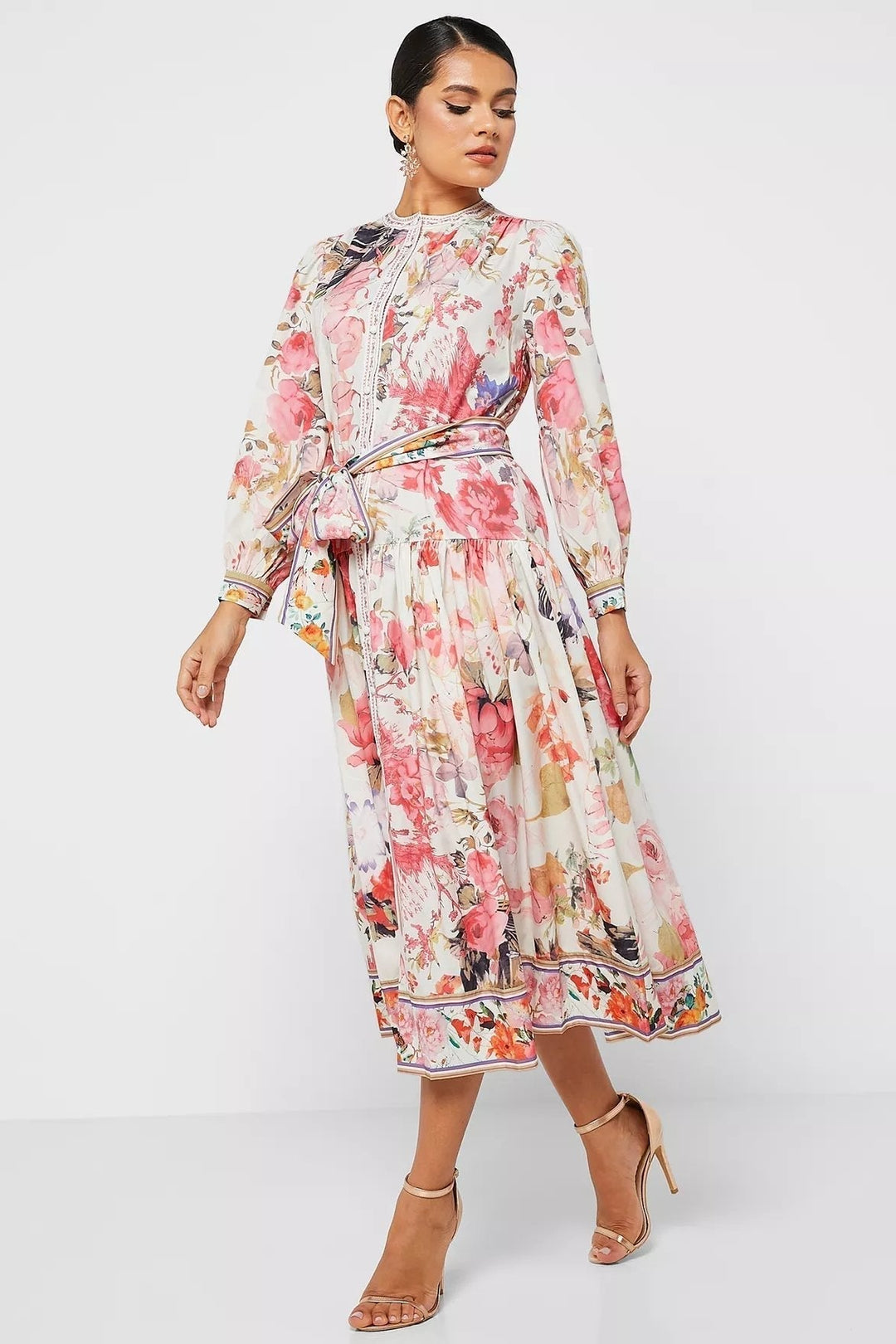 İris Baskılı Kuşaklı Midi Gömlek Elbise