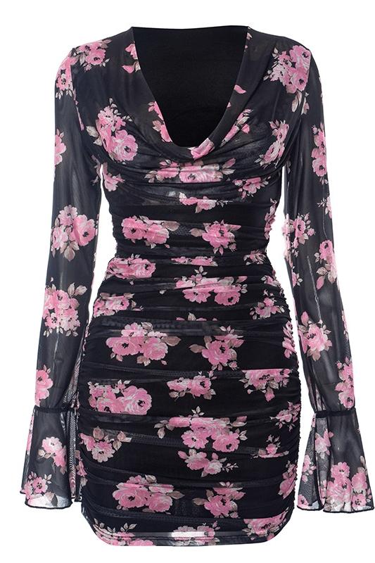 Janice Baskılı Büzgülü Mini File Elbise