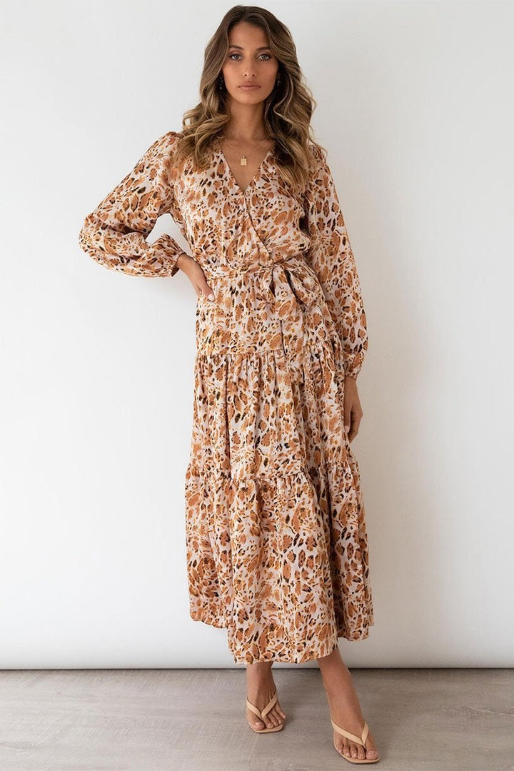 Janice Baskılı Katlı Çözgü Midi Elbise