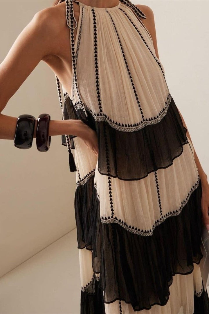 Jean Boyundan Bağlamalı Katlı Maxi Elbise