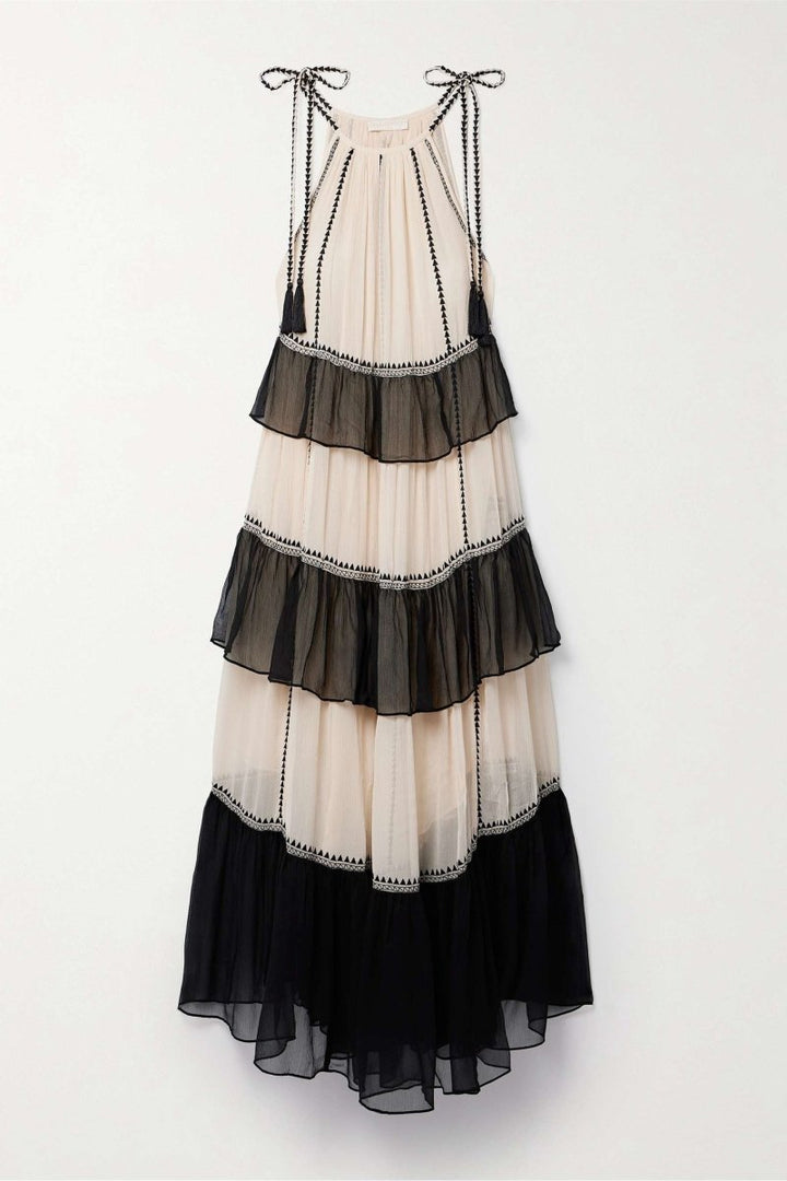 Jean Boyundan Bağlamalı Katlı Maxi Elbise