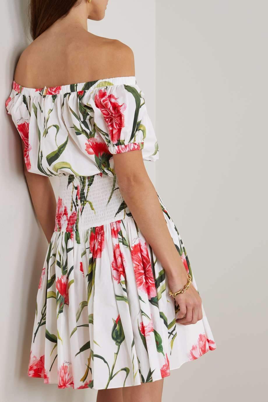 Jemima Baskılı Düşük Omuz Büzgülü Mini Elbise