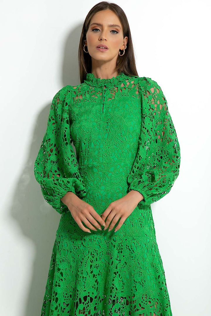 Joa İşlemeli Dantel Kesimli Flare Maxi Elbise