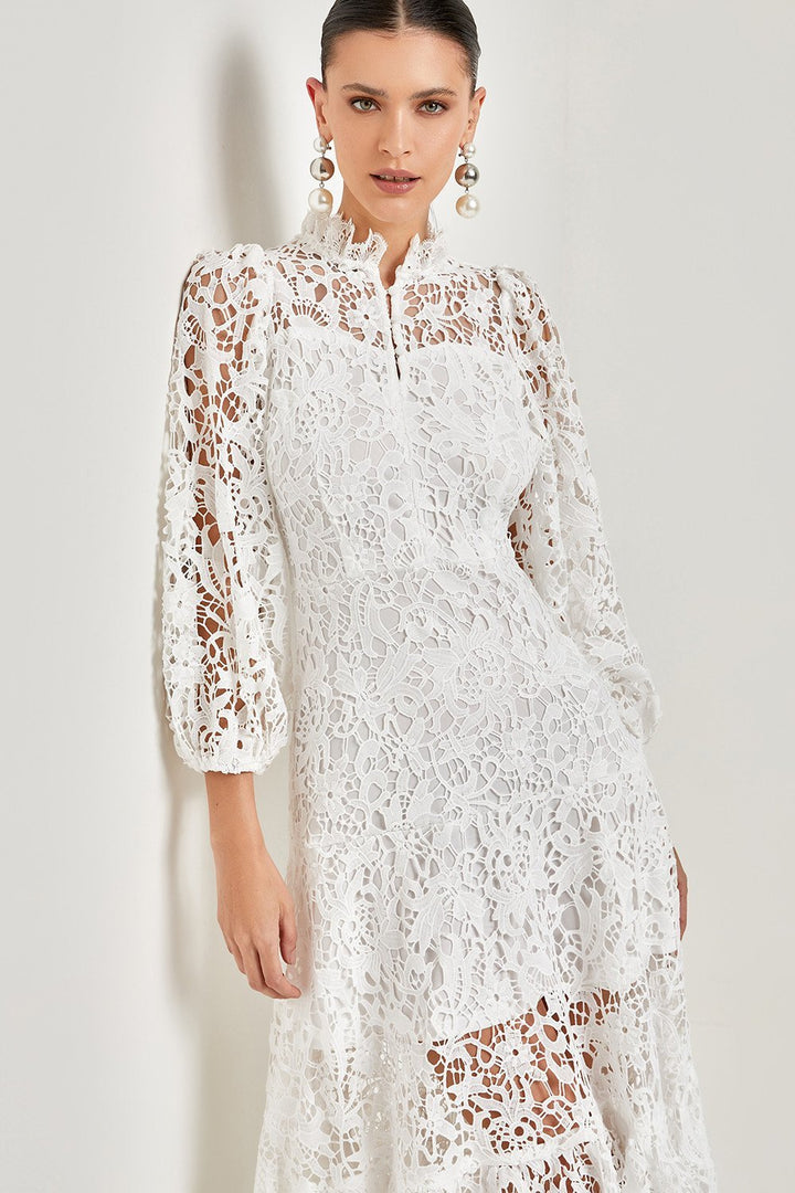 Joa İşlemeli Dantel Kesimli Flare Maxi Elbise