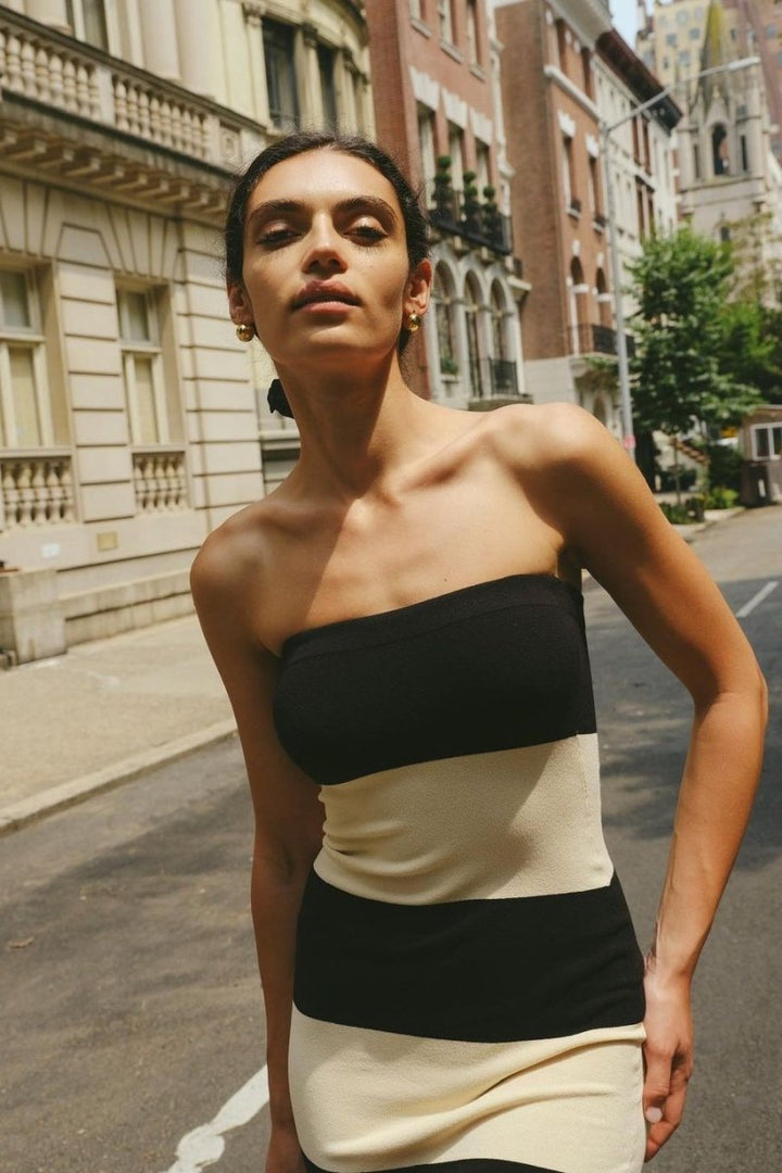 Joanne Straplez Çizgili Midi Triko Elbise