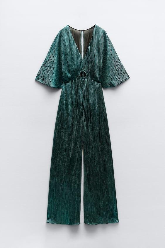 Jocelyn V Yaka Metalik Plise Tulum