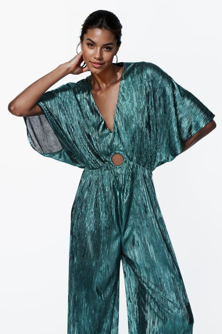 Jocelyn V Yaka Metalik Plise Tulum