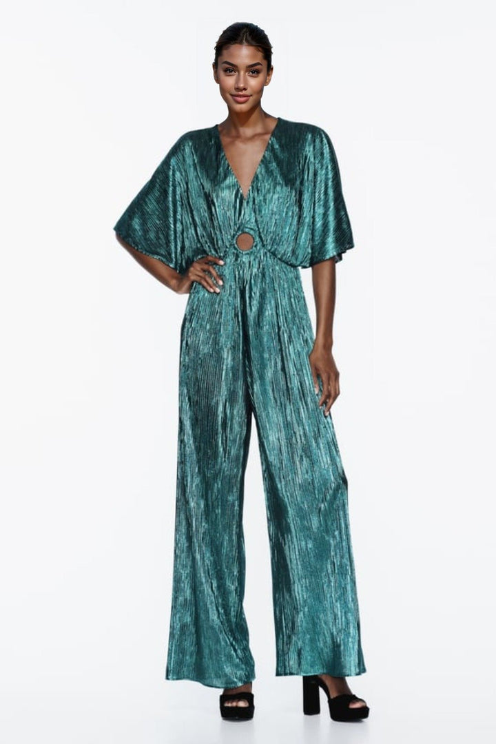 Jocelyn V Yaka Metalik Plise Tulum