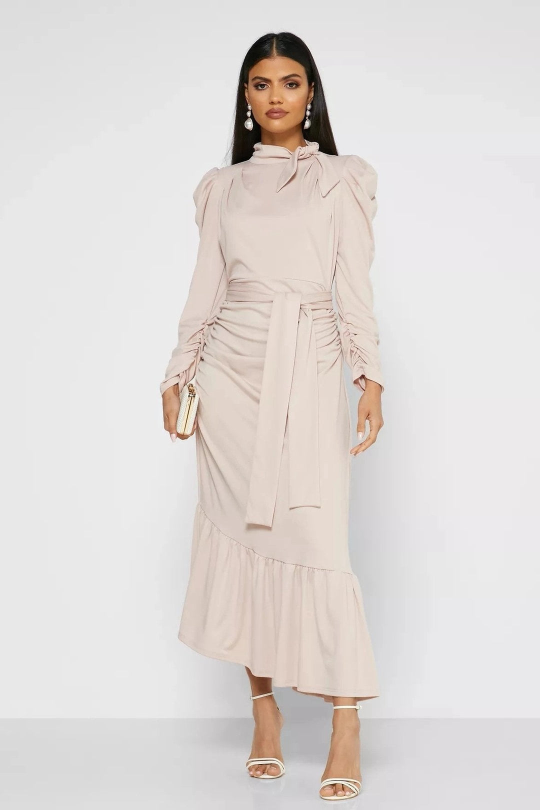 Jode Papyonlu Kuşaklı Flare Midi Elbise