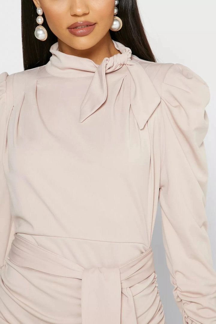 Jode Papyonlu Kuşaklı Flare Midi Elbise