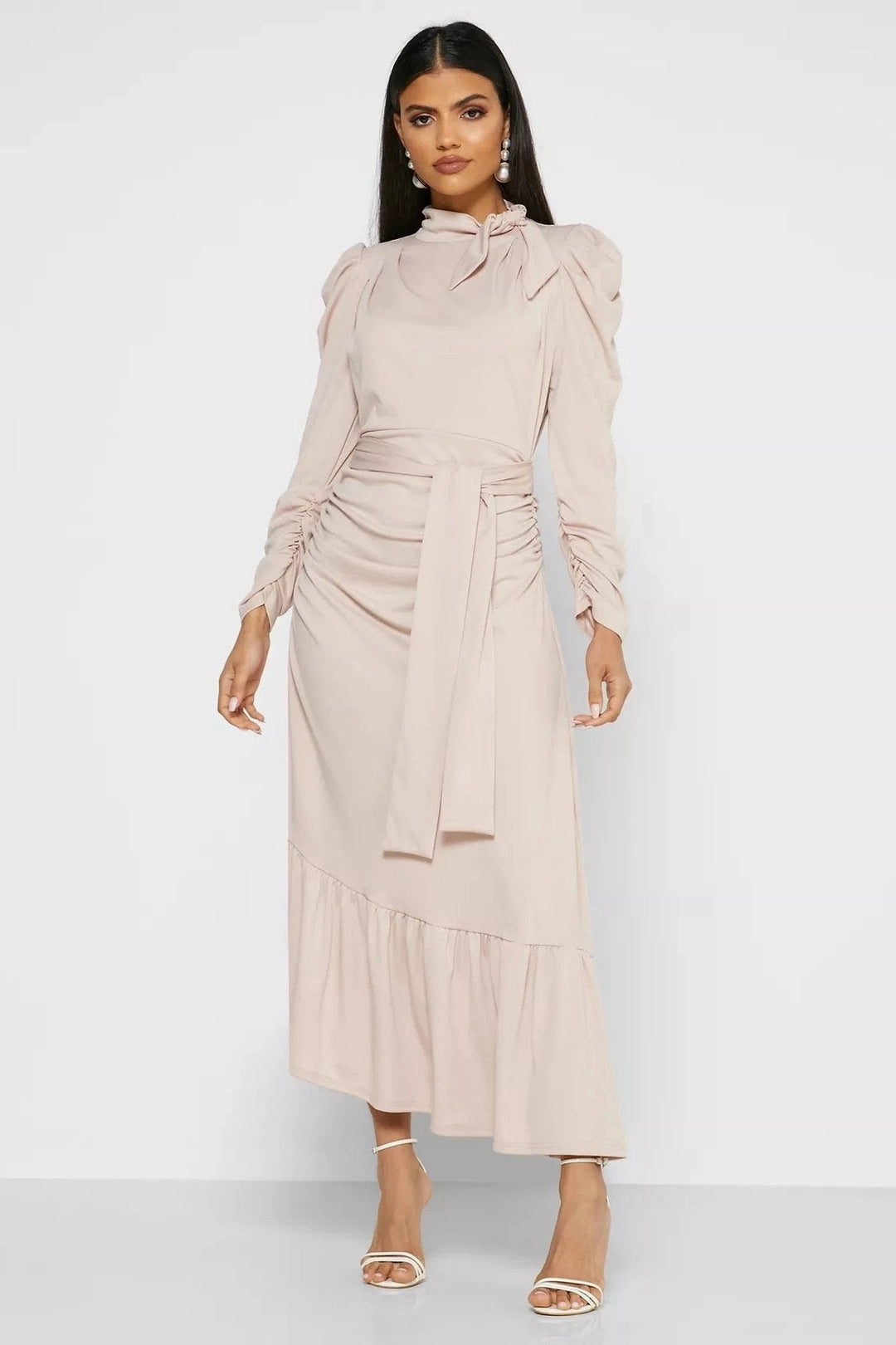 Jode Papyonlu Kuşaklı Flare Midi Elbise