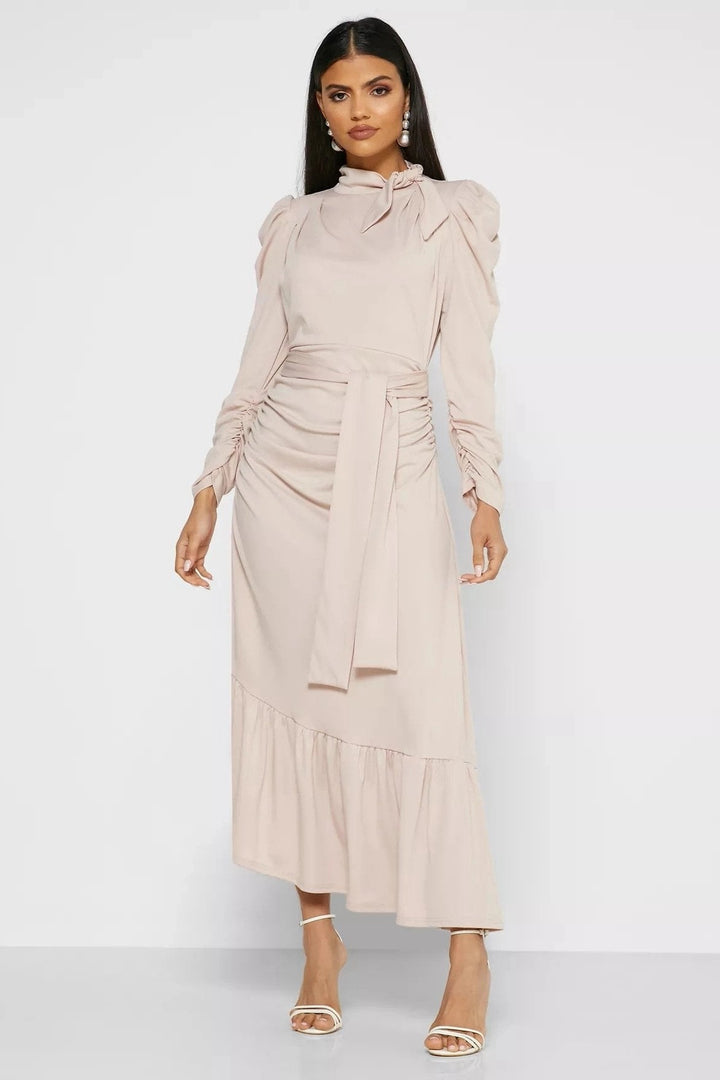 Jode Papyonlu Kuşaklı Flare Midi Elbise