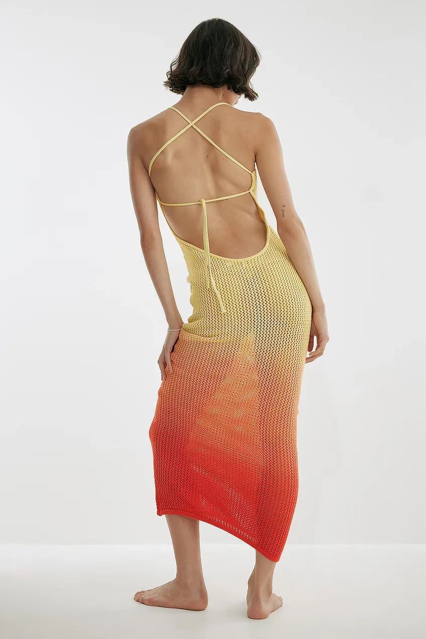 Jodie Degrade Boyundan Bağlı Örgü Maxi Elbise