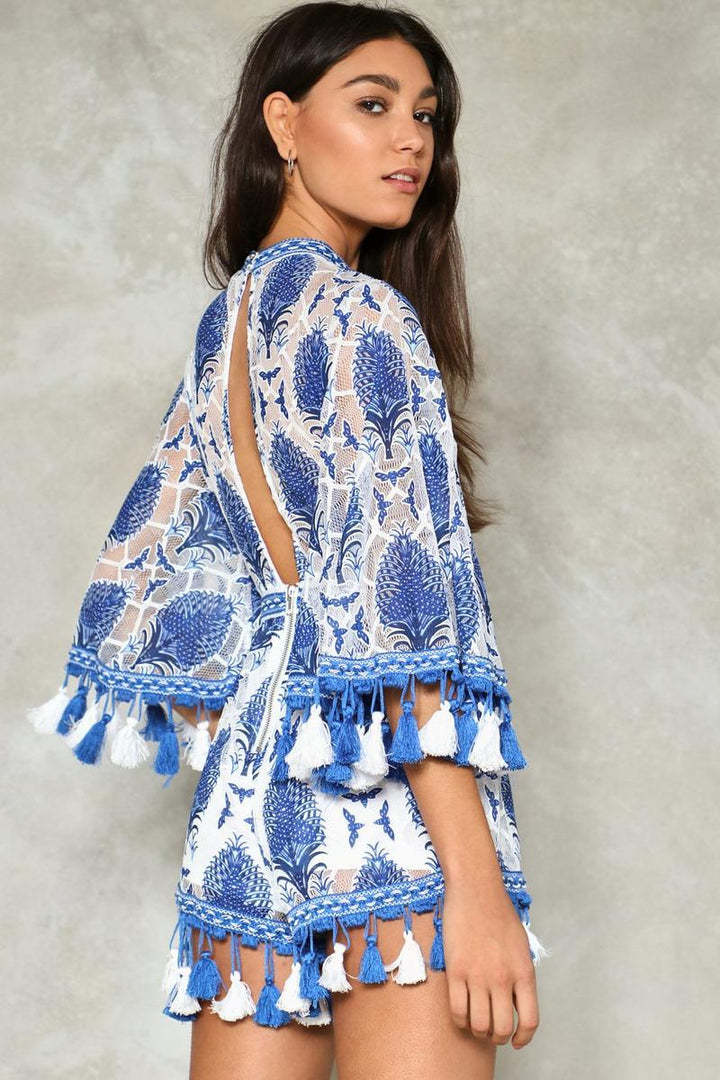 Jolie Baskılı Dantel Püsküllü Tulum