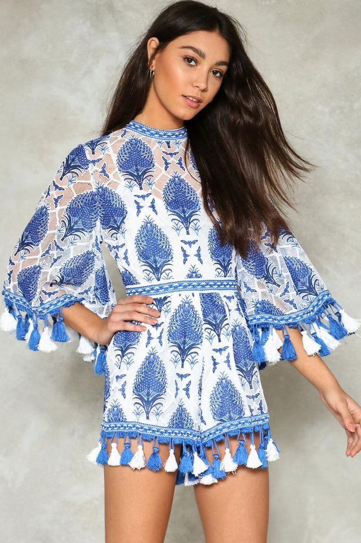 Jolie Baskılı Dantel Püsküllü Tulum