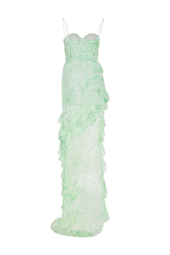 Afra Baskılı Fırfırlı Asimetri Mini Şifon Slip Elbise