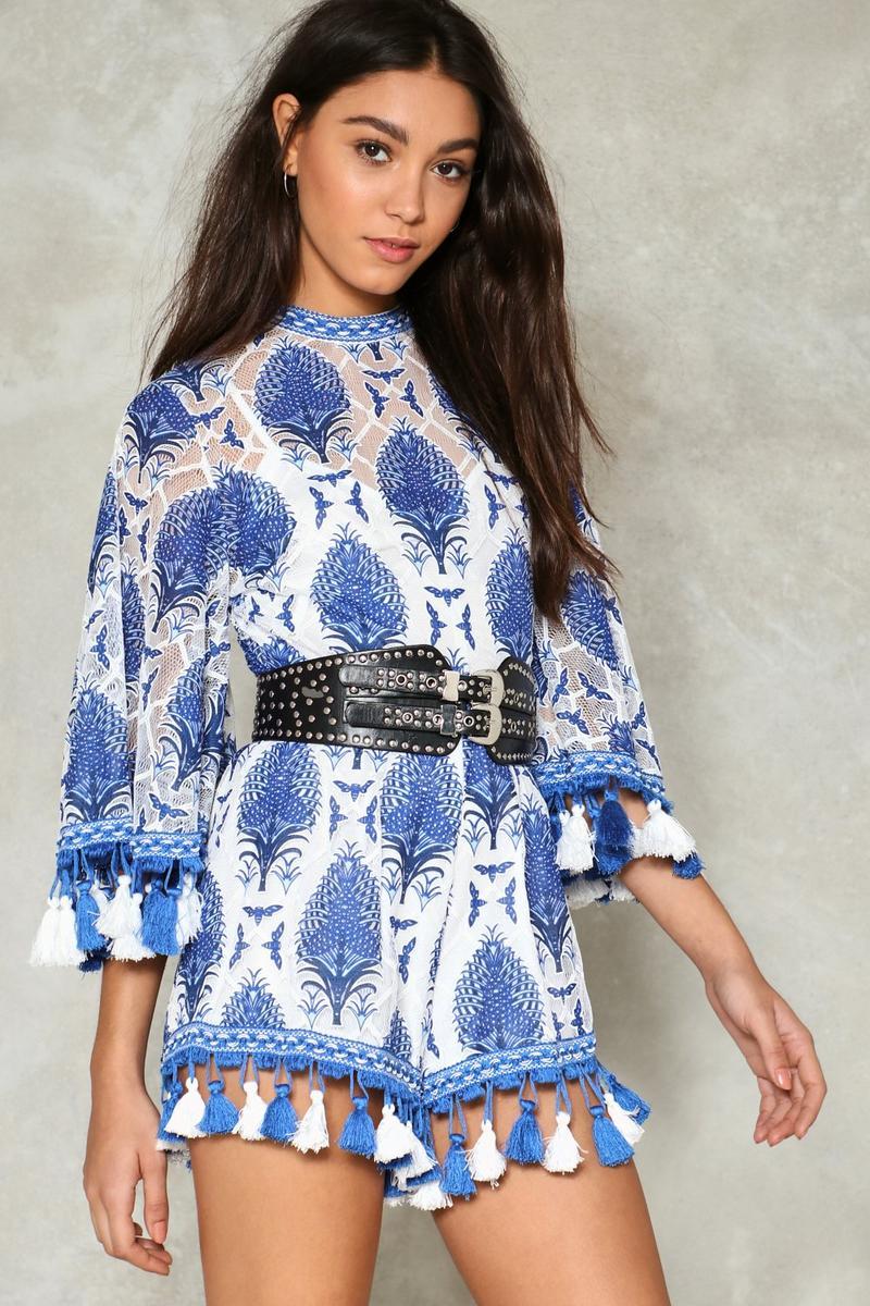 Jolie Baskılı Dantel Püsküllü Tulum