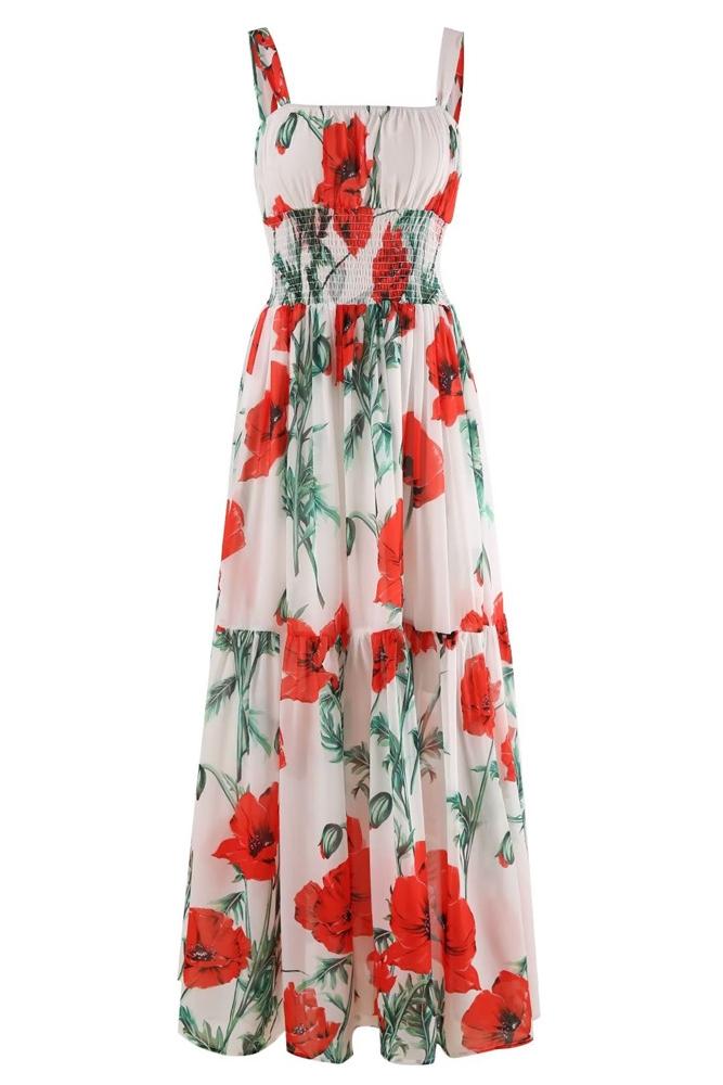 Pauline Baskılı Büzgülü Askılı Maxi Elbise