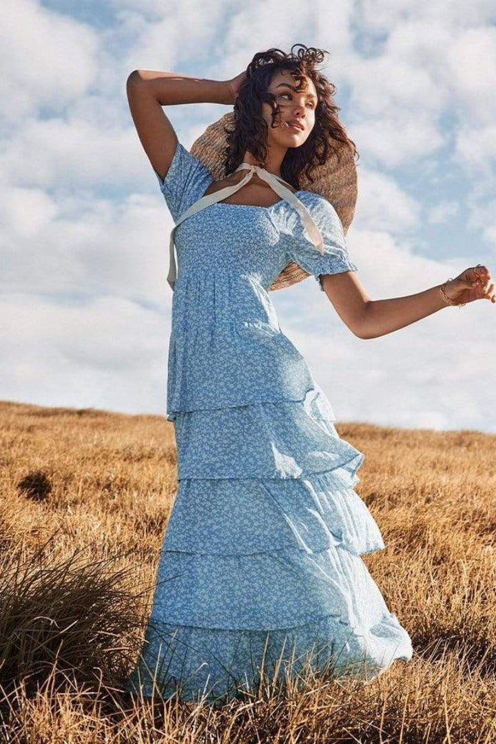 Ebbie Baskılı Papyon Büzgülü Uzun Elbise