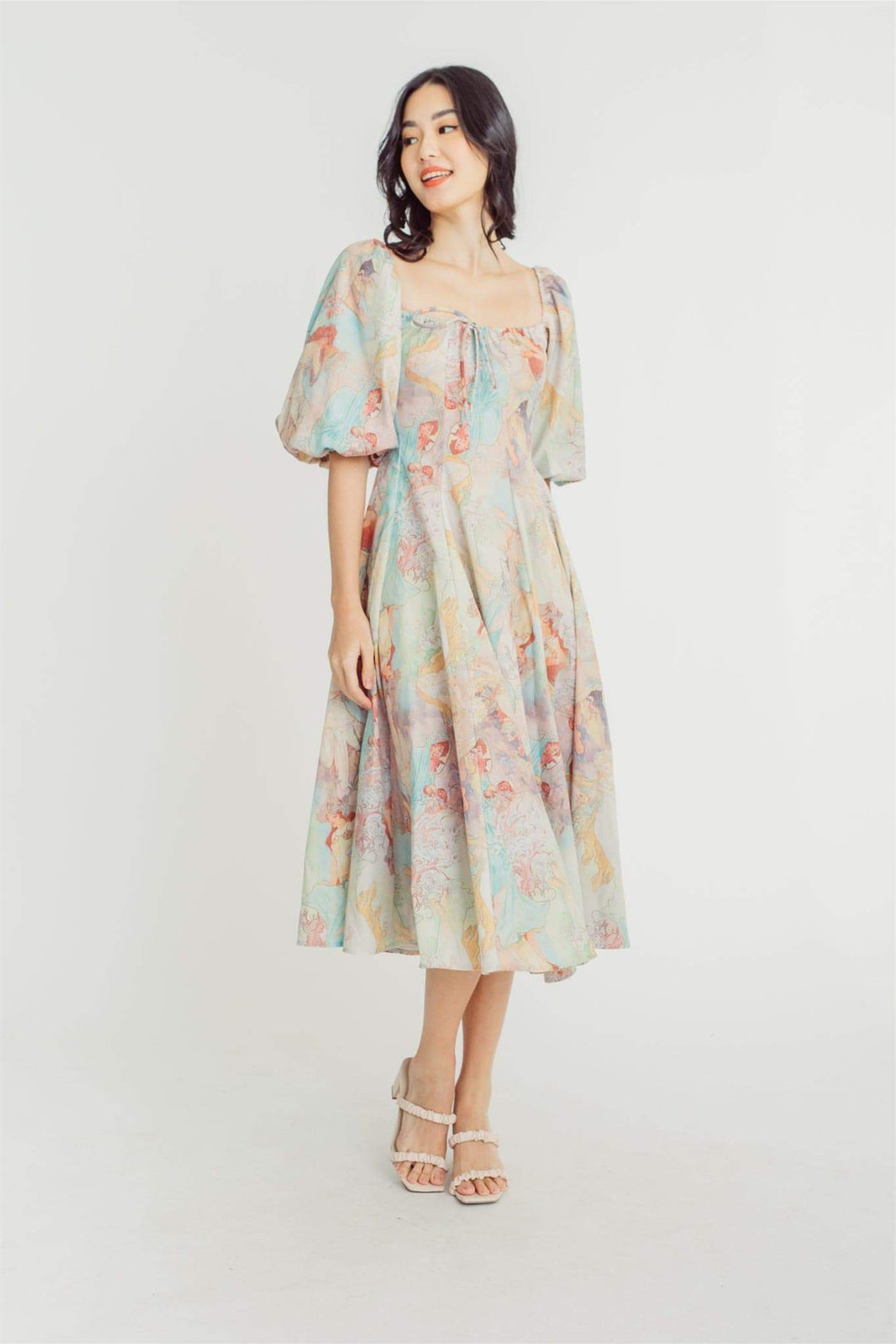 Joyce Baskılı Fener Kollu Midi Elbise