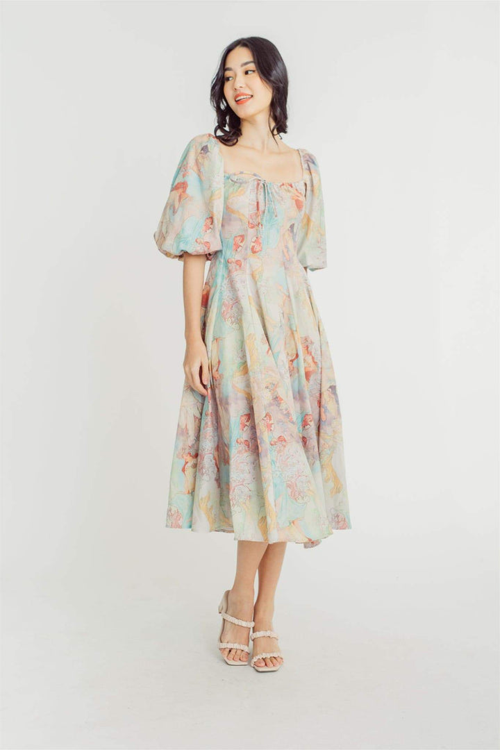 Joyce Baskılı Fener Kollu Midi Elbise