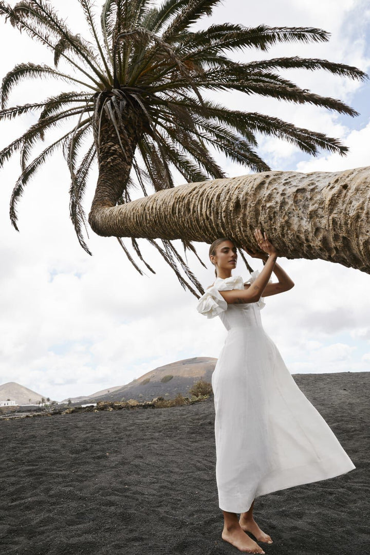 Zolia Çiçek Omuzu Açık Keten Midi Elbise