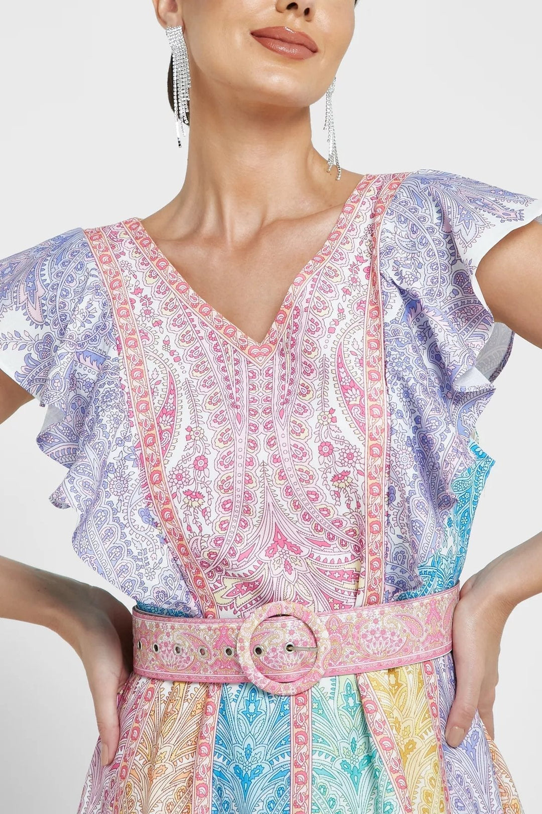 Zanna Baskılı Fırfırlı V Yaka Kemerli Uzun Elbise